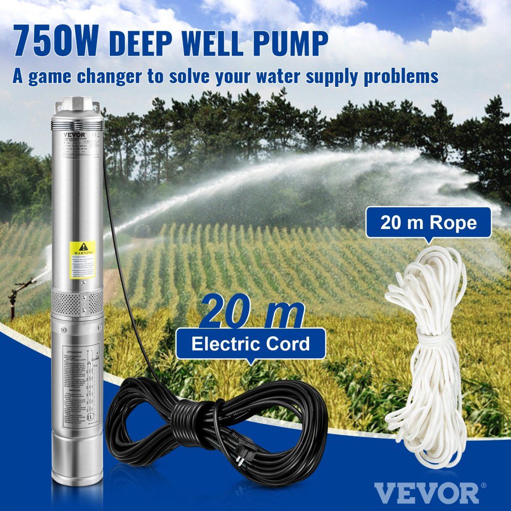 88,9 mm Tiefbrunnenpumpe 750W Brunnenpumpe 105L/min Tauchpumpe max. Förderhöhe 62m Rohrpumpe 230V 50Hz Sandpumpe IP68 Wasserpumpe mit 20m Kabelpumpe Ideal zur Bewässerung oder Wasserversorgung