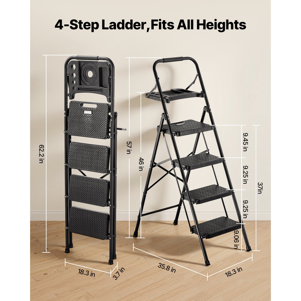 Step Ladder 4 Steps, Folding Ladder with Tool Tray & Comfort Handle, Household Ladder Load Capacity up to 272 kg, Step Ladder, Folding Step, Safety Ladder for Kitchen, Home & Office, Black Step Ladder 4 Steps, Folding Ladder with Tool Tray & Comfort Handle, Household Ladder Load Capacity up to 272 kg, Step Ladder, Folding Step, Safety Ladder for Kitchen, Home & Office, Black