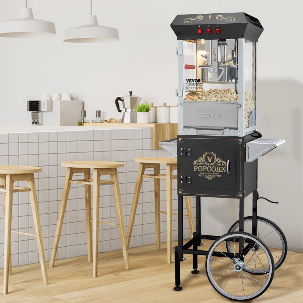 Popcornmaker, Popcornmaker met kar, 850W Popcornmaker, 8oz Ketel voor 48 kopjes per lading, Popcornmaker van gehard glas met 4 bolletjes Cinema Style Restaurant, Zwart