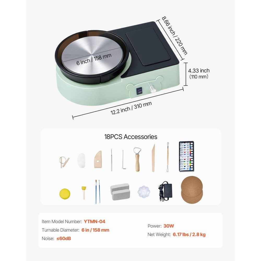 Mini Pottery Wheel Machine, 158mm Turntable with Adjustable Rotation Speed, Electric Clay Wheel with Clay Molding Tools, Suitable for DIY Pottery Classes, Green