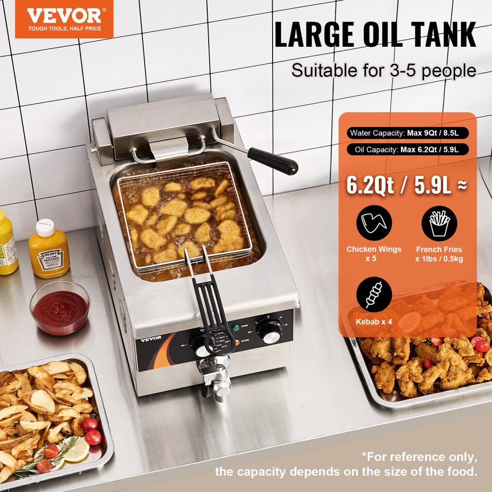 Commercial Deep Fryer, 3000W Electric Countertop Fryer with Basket, 5.9L Single Oil Fryer, Thickened Stainless Steel, Time and Temperature Control, for Kitchen, Restaurant, Cafe, Restaurant, Silver
