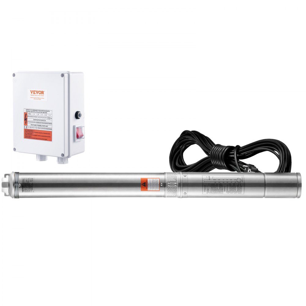 Diepe putdompelpomp, 2200 W, 230 V, 9,8 m3/u stroom, 144 m opvoerhoogte, met 19,4 m kabel en externe schakelkast, roestvrijstalen waterpompen voor industriële irrigatie en thuisgebruik, IP68 waterdicht