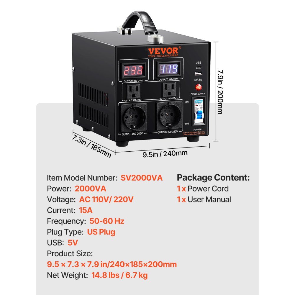 2000 W Spannungswandler-Transformator AC 110 V⇋220 V Transformator-Konverter 2x US NEMA 5-15R 3-polig/2x standardmäßige europäische Shucko-Ausgangsbuchsen, 1x 5V USB-Anschluss, 1x Typ-C-Buchse