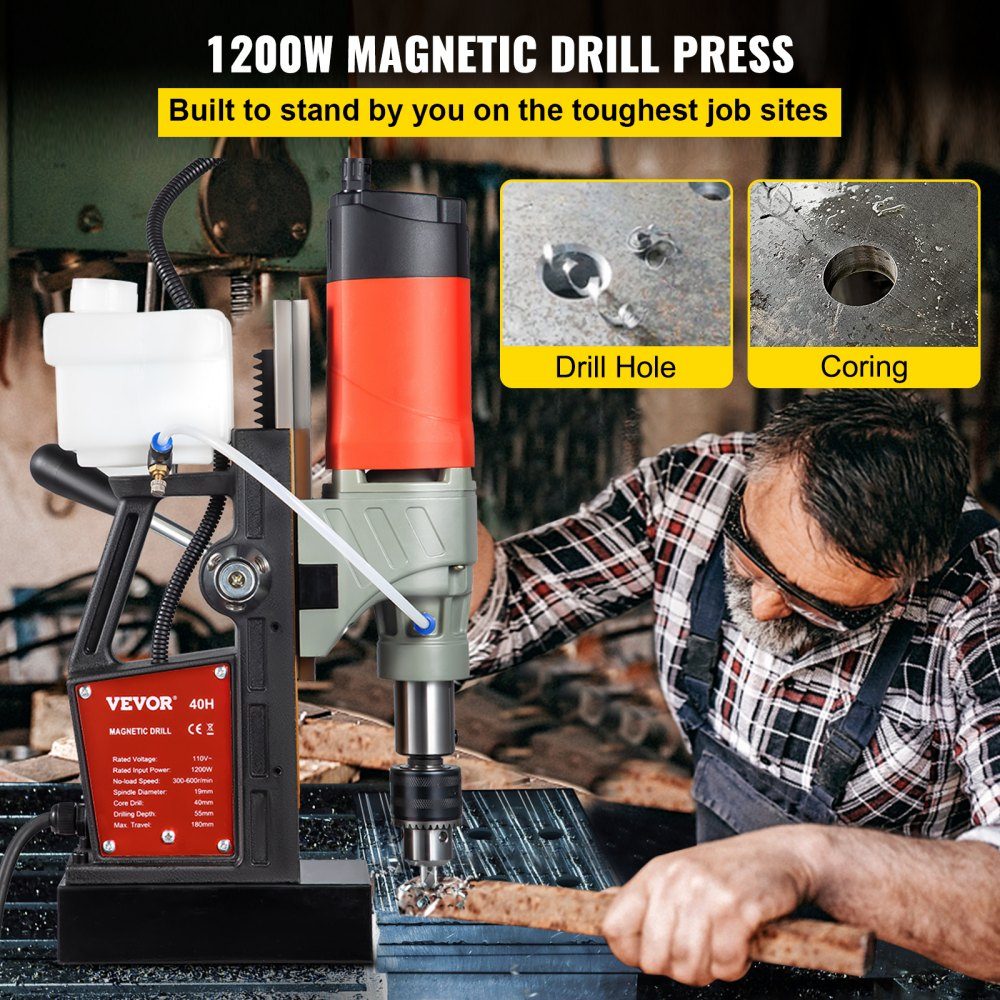 1200 W Magnetbohrmaschine, Magnetbohrmaschine, 13000 N, elektrische Kernbohrmaschine, Industriebohrmaschine, 580 U/min, variable Geschwindigkeit, für alle Oberflächen und Heimwerkerarbeiten