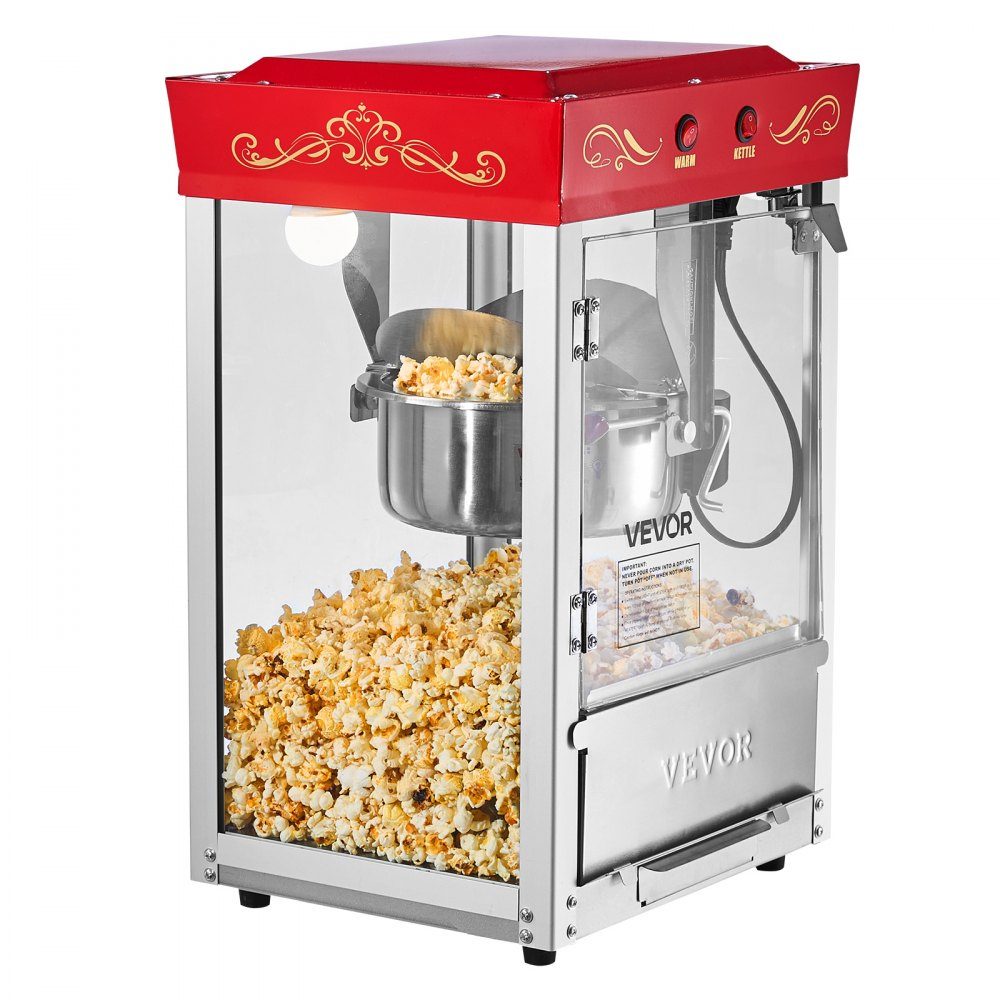 Popcorn Machine with Stainless Steel Boiler, 800W Commercial Popcorn Machine, 48 Cups per Load, Cinema Style, with 2 Button Control, Glass Wall, PC Door, 1 Scoop, 3 Spoons, Red