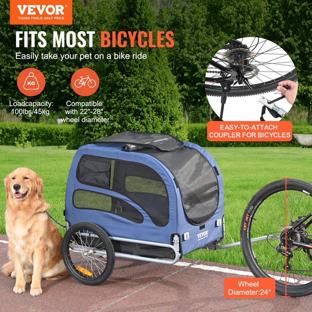Hondenkar 45 kg Fietskar Koolstofstaal + 600D Oxford Doek + PP Opvouwbaar 1440 x 725 x 845 mm Opgevouwen aanhanger Afmeting 810 x 570 x 195 mm Blauw – Artikelnr. HT-22388