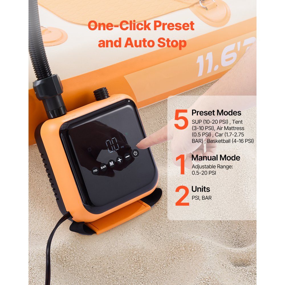 Paddleboard Pump (40 PSI), Two-Stage Electric Portable SUP Air Pump with Auto Shut-Off and 12-V-Gleichstromanschluss, Inflate and Deflate, Ideal for Inflatable Paddleboard Mattresses