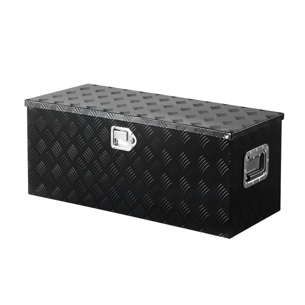 Aluminum Truck Bed Tool Box Striped Tool Box (899x370x370mm) with Side Handle and Pull Out Shelf Trailer Storage Organizer Black