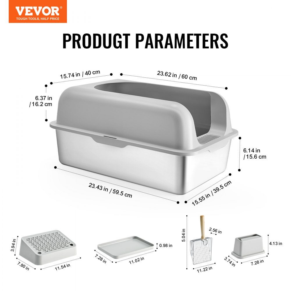 Litter Box 6" Deep XL Extra Large Stainless Steel Litter Box with Scoop Wide Filter Base and High Sides Closed Odor Free Easy Clean Litter Box Suitable for Large Cats