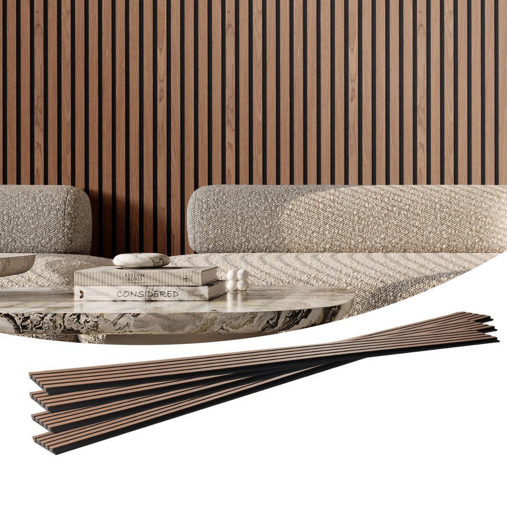 Akustikplatten, 2400 x 200 mm, MDF-Akzentholz-Wandpaneele für moderne Innenwände, Kunstholz-Wandpaneele für stilvolle Dekoration und Geräuschreduzierung, Walnuss, 4er-Set