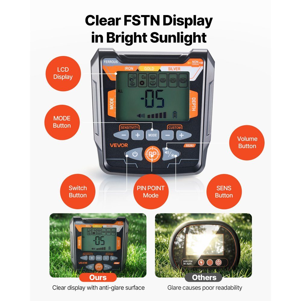 Adult Metal Detector 304.8mm Professional Metal Detector with 6 Modes Gold Detector IP68 Waterproof Search Coil with Display Headphone Adjustable Length for Gold Treasure Hunting