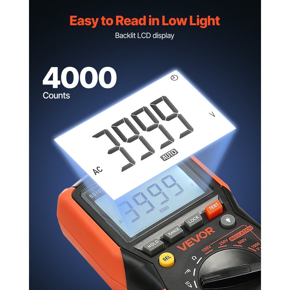 Digital Multimeter, 4000 Count TRMS Voltmeter Ohmmeter, 1000V AC/DC Voltage Tester with switchable auto/manual range for voltage, resistance and continuity measurement