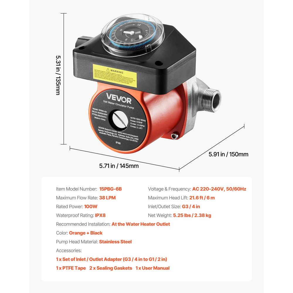 Circulation Pump with Timer 38L/min Instant Circulation Pump System 100W AC 220-240V Heating Pump G3/4" to G1/2" Connection for Boiler Hot Water Preparation