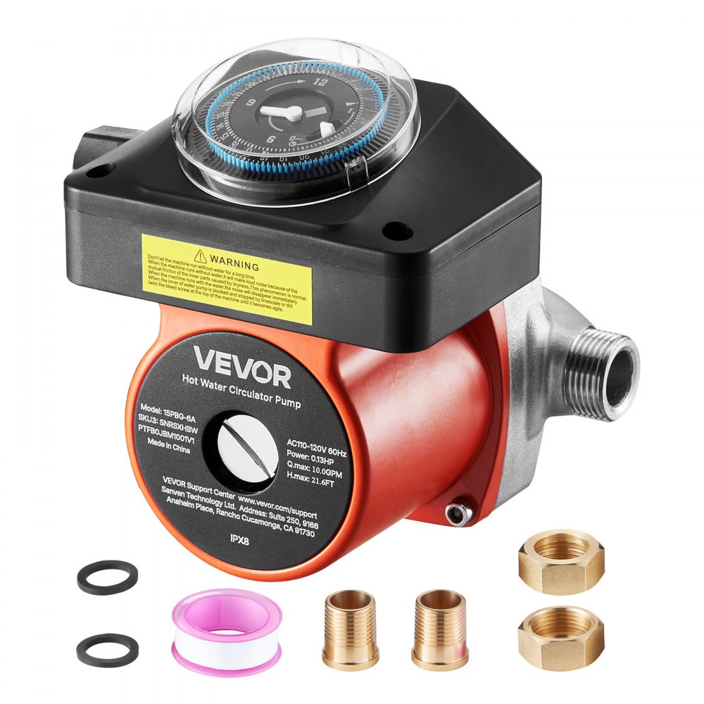 Circulatiepomp met timer, 38 LPM Instant circulatiepompsysteem, 100 W AC 220-240 V, verwarmingspomp G3/4" tot G1/2" aansluiting, voor boiler, warmwaterbereiding