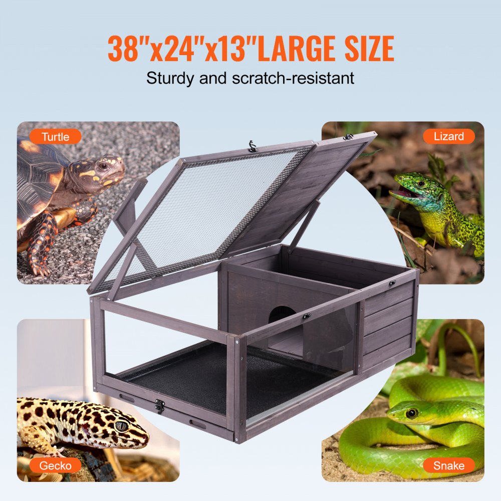 Habitat pour tortues, maison en bois pour tortues pour intérieur et extérieur, enclos pour tortues avec support de lumière suspendu, enclos pour reptiles 2 pièces, cage pour petits animaux pour geckos, lézards, serpents, 96,5 x 61 x 33 cm