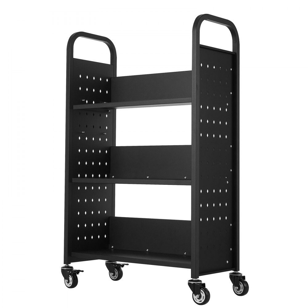 Bücherwagen, 150 kg Tragkraft, Bibliothekswagen, 77 x 38 x 122 cm, einseitiges L-förmiges Bücherregal mit Doppelbremsrädern, Bücherregalwagen für Wohnzimmer, Büro, Schule, Schwarz