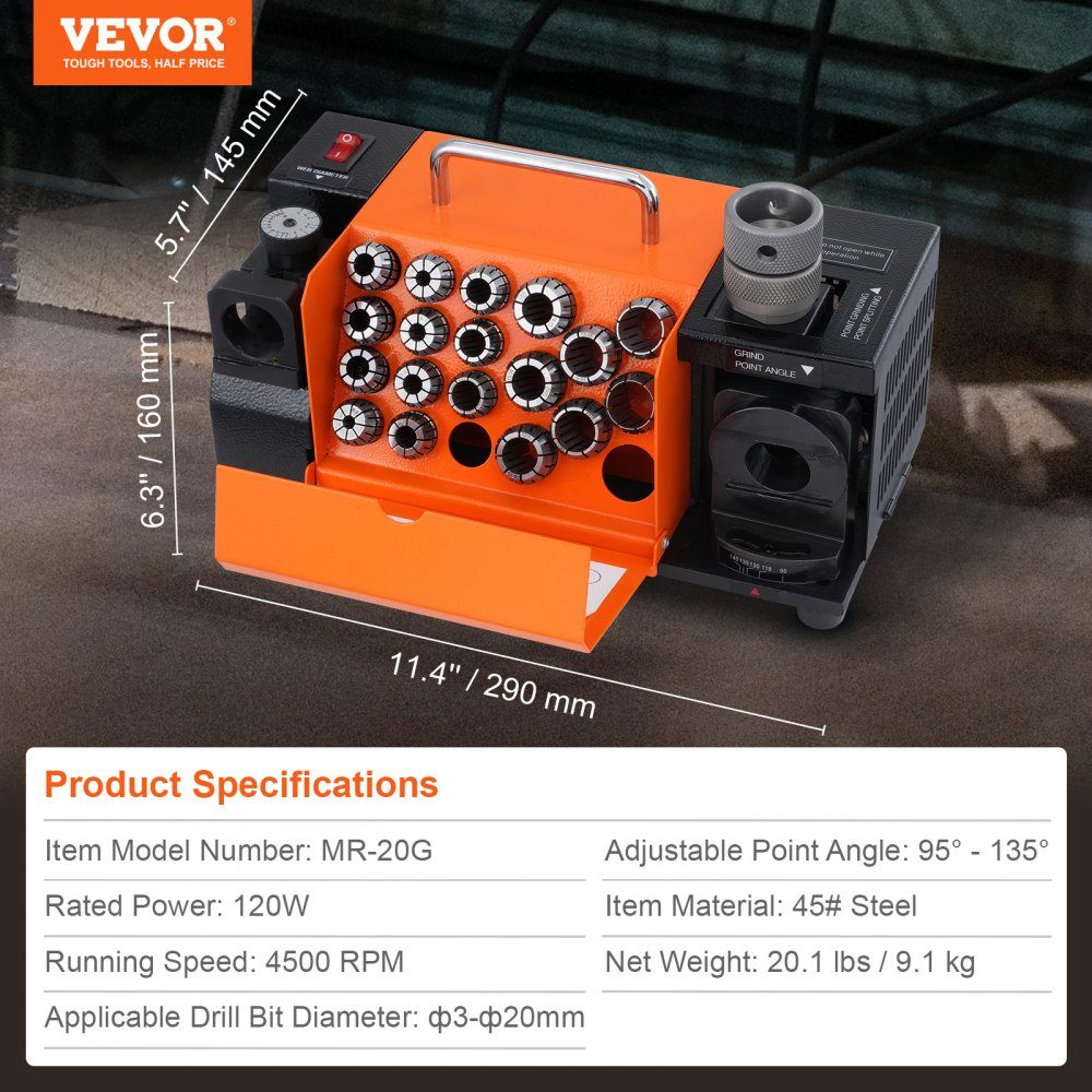 Drill Grinder 120W Drill Grinder 4500RPM Sharpening Station 45# Steel Drill Sharpener 95-135° Adjustable Tip Angle 18 Collet Chucks Suitable for Drill Diameter φ3-20mm