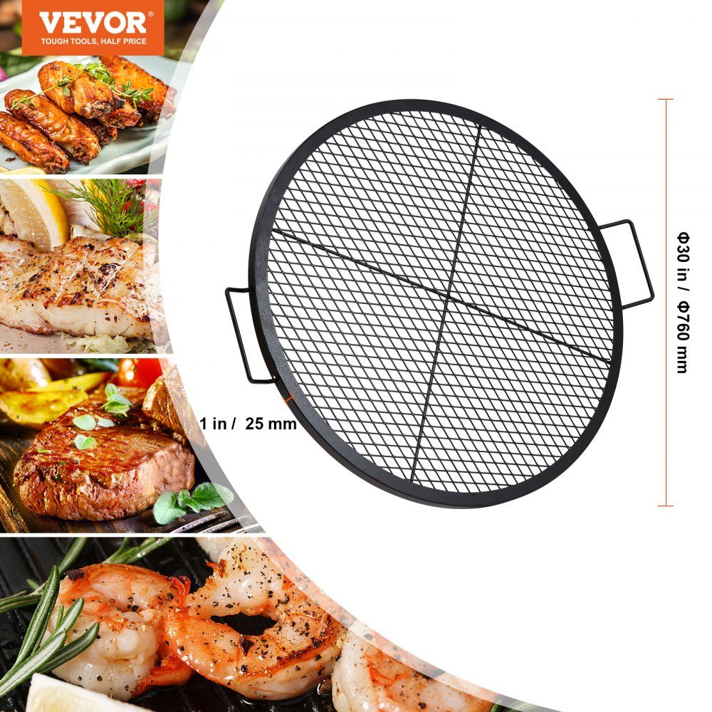 X-Marks Grille de barbecue pour foyer, Φ 760 x 25 mm, grille de barbecue en acier avec poignée et support X-Wire, batterie de cuisine de camping portable pour fêtes et rassemblements en plein air, noir