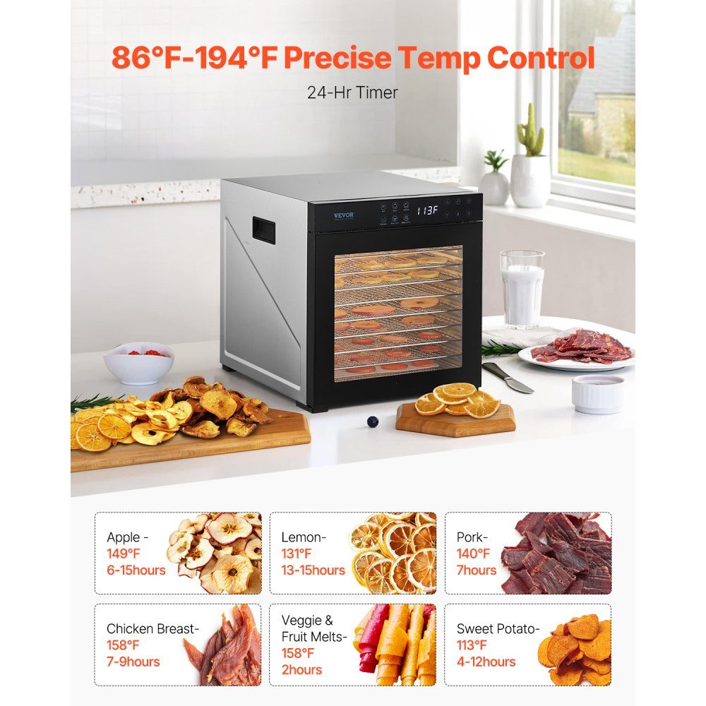 Déshydrateur Déshydrateur 10 bols en acier inoxydable, séchoir électrique 1000 W avec température réglable, lyophilisateur pour viande séchée, viande, fruits, légumes, herbes, friandises pour chiens – Réf. HT-23699