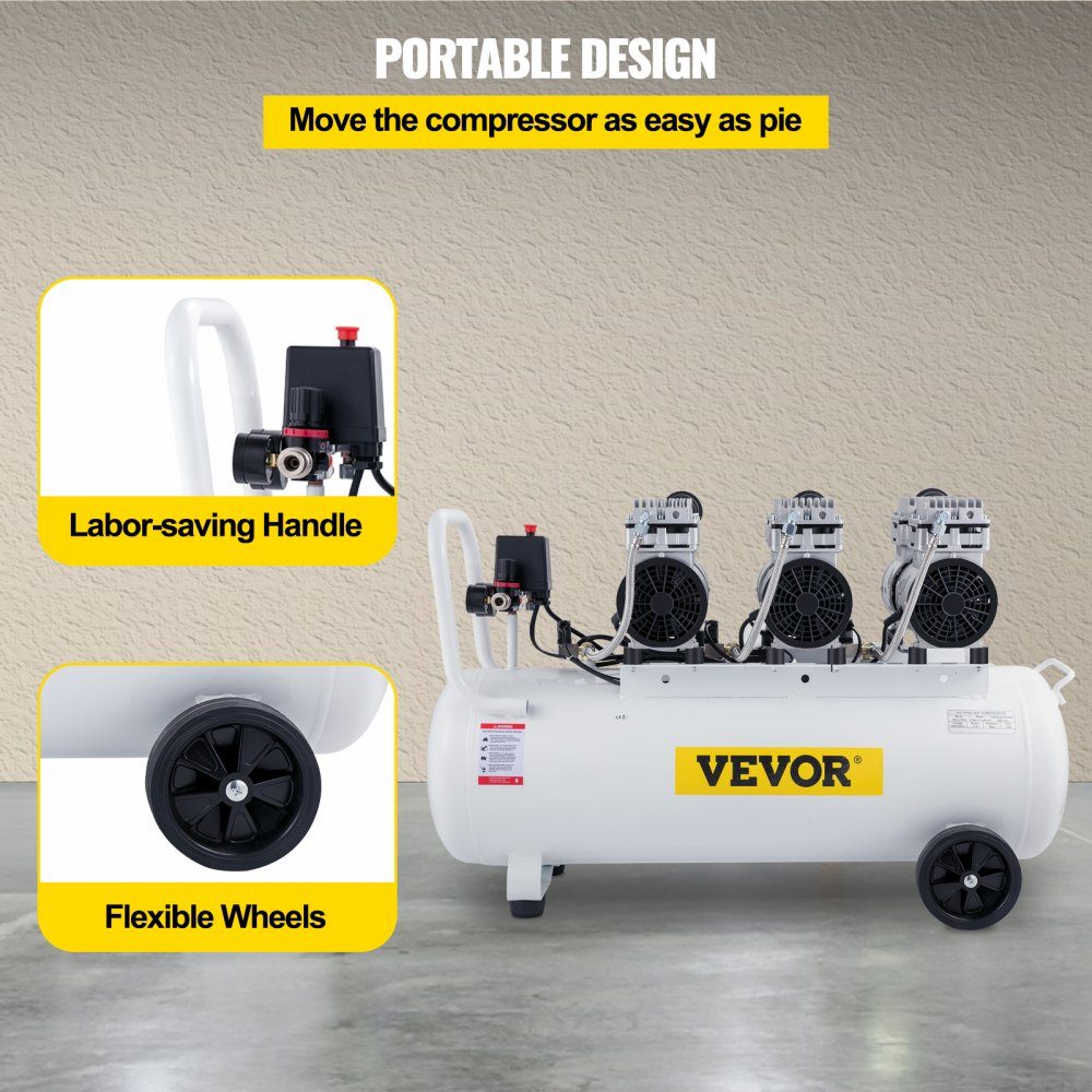 Whisper Compressor Oil Free Air Compressor 80L Compressed Air Quiet with 2 Pressure Gauges for Home Repairs, Underfloor Heating Cleaning, Sheet Metal Painting, Steel Air Gun, Dentistry etc