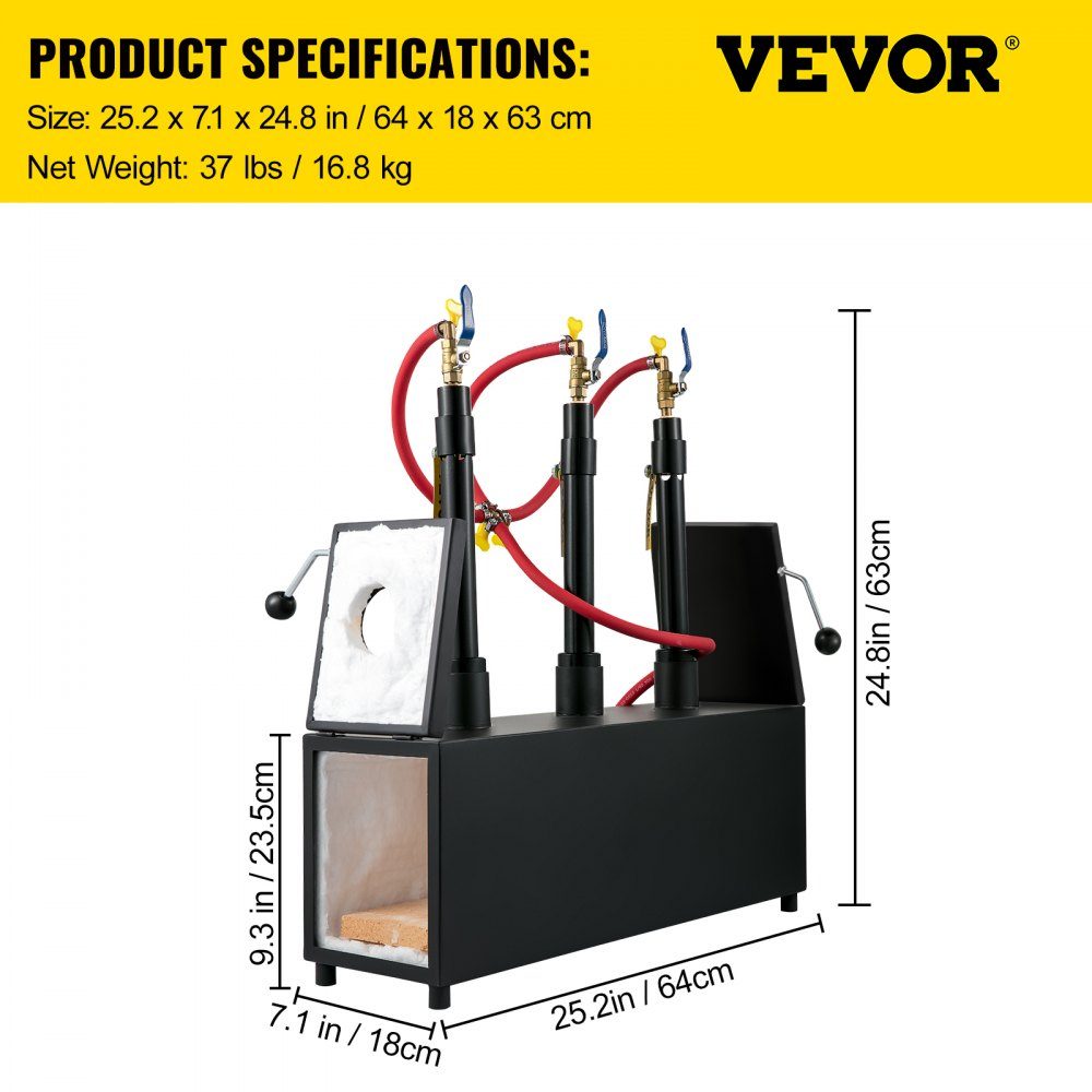 Gas-Schmiedeofen 1350 °C, Brenner-Schmiede 15 L, Schmiedeofen drei Brenner, zweitürige Auskleidung mit Aluminiumsilikatfaser, Metall-Schmiede max. Leistung 230,4 kWh / 786.000 BTU, Gasdruckregler