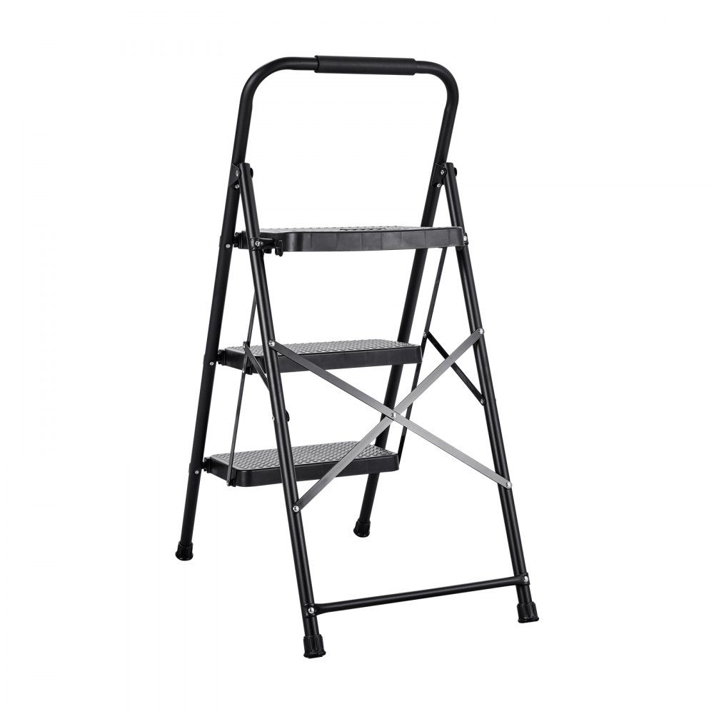 Step Ladder 3 Steps, Folding Ladder with Non-Slip Steps & Comfortable Handle, Household Ladder 272kg Load Capacity, Folding Step, Safety Ladder for Kitchen, Home & Office, Black