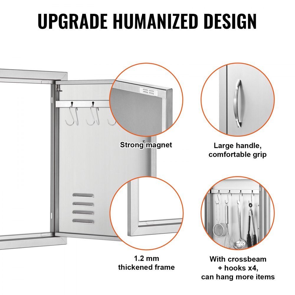 Grill Access Door 610x431mm Single Outdoor Kitchen Door Flush Mount Stainless Steel Door Vertical Wall Door with Handle, Vents and Hooks for Grill Island Grill Station