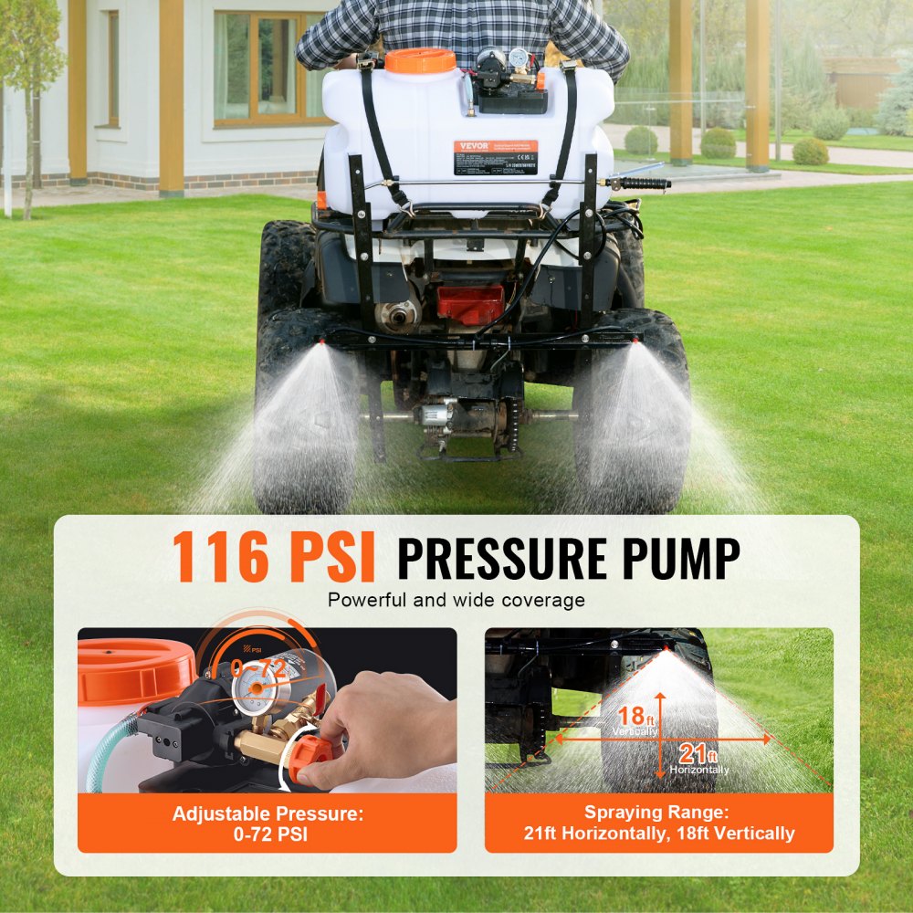 ATV Sprayer, 7L/min Pressure Sprayer, 12V Pump, 0.1-0.5MPa Pump, Operating Pressure Sprayer, 0-72 PSI Pressure Sprayer, Includes 20ft Hose, 8ft Quick Release Line, Ideal for ATVs, UTVs, Tractors ATV Sprayer, 7L/min Pressure Sprayer, 12V Pump, 0.1-0.5MPa Pump, Operating Pressure Sprayer, 0-72 PSI Pressure Sprayer, Includes 20ft Hose, 8ft Quick Release Line, Ideal for ATVs, UTVs, Tractors