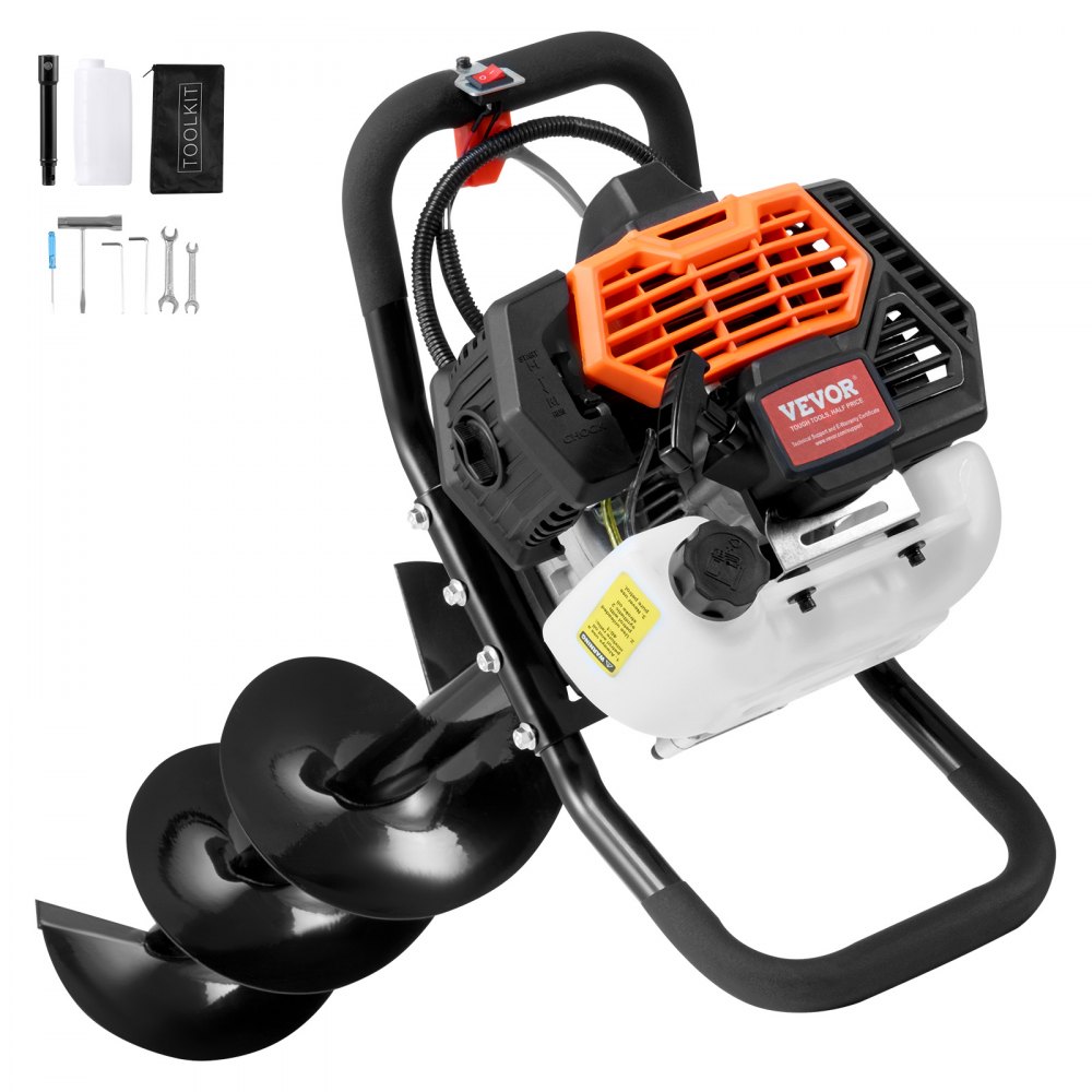 Erdbohrer mit Benzinmotor, 52 CC, 1450 W, Benzinbohrer mit 8-Zoll-Bits und 1 Verlängerungsstange, Pfostenzaunlochbohrer für Ackerland-Gartenpflanzen, Orange + Schwarz
