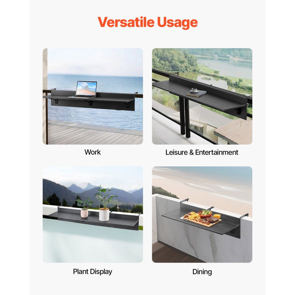 Table de balcon 1220 x 300 mm Table pliante suspendue pour balcon Table pliante d'extérieur Capacité de charge de 22 kg Convient aux balustrades de 1" à 4,35" Table de service pour patio et terrasse