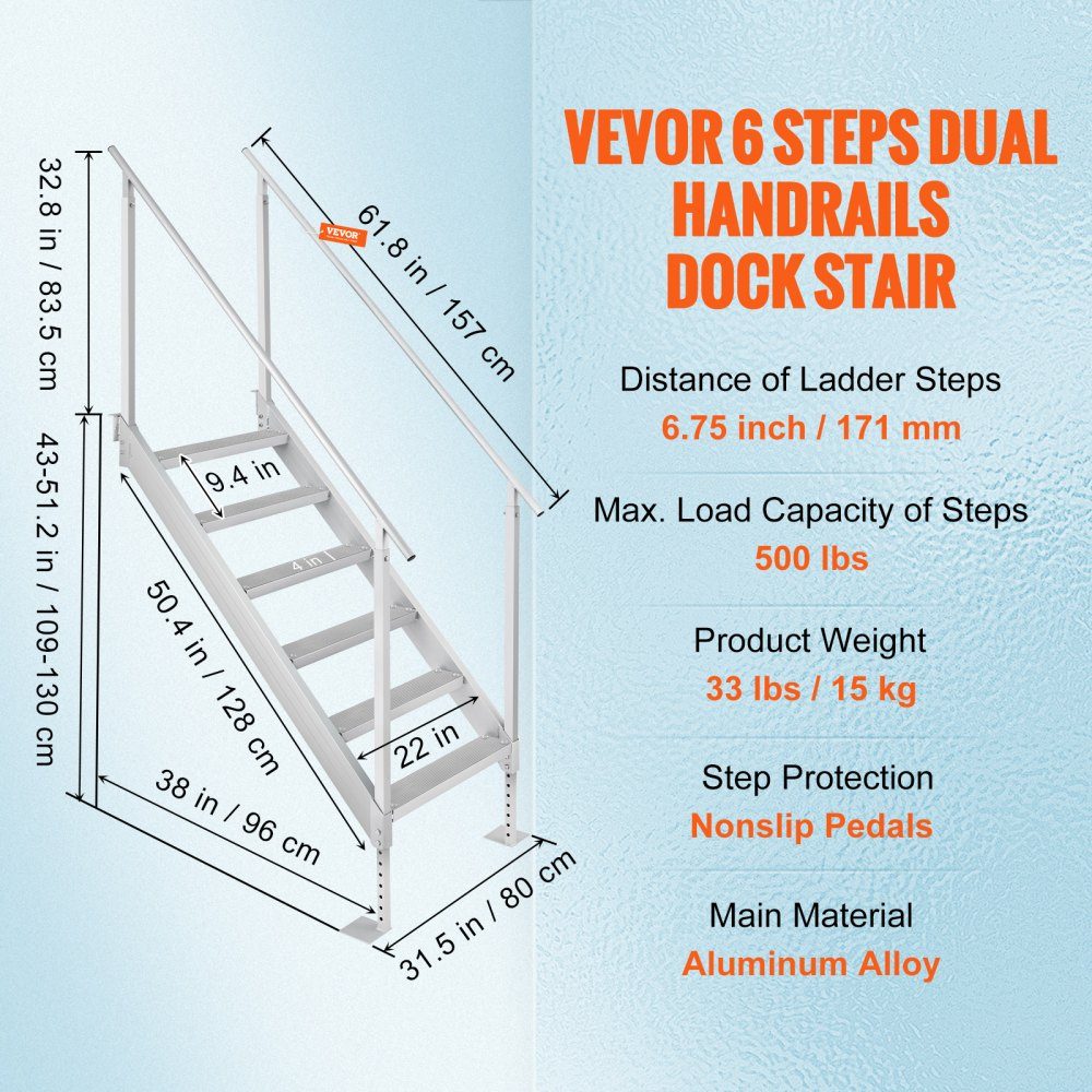 6-stufige Badeleiter mit zwei Handläufen, Bootsleiter, 800 x 1850 x 2092 mm, Poolleiter aus Aluminiumlegierung, Treppenleiter, 250 kg Tragkraft, 10 cm Pedale, ideal für Häfen, Bootsschwimmbäder