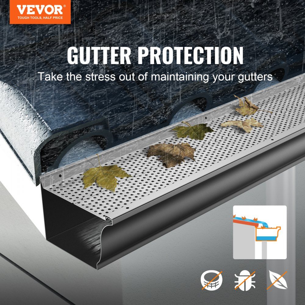 Protection de gouttière 152 mm de largeur Filtre à feuilles en aluminium Couvercle de gouttière fait maison 26 pièces 264 cm de longueur totale 4 mm de diamètre de trou et 0,5 mm d'épaisseur Garde de gouttière Raptor