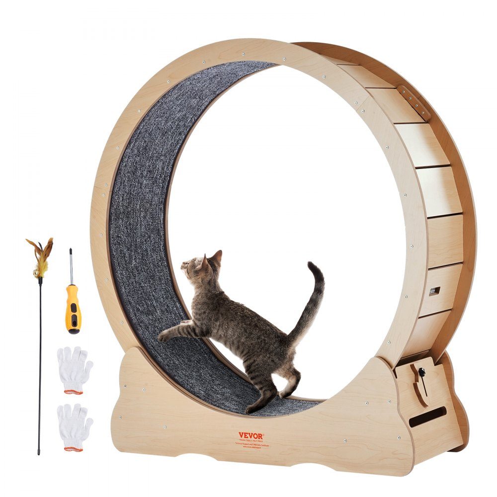 Vélo d'appartement pour chat Tapis de course pour chat de 1 100 mm avec tapis de course amovible Teaser pour la course à pied et l'entraînement à la marche Convient à la plupart des chats jusqu'à 25 livres Vélo d'appartement pour chat Couleur bois
