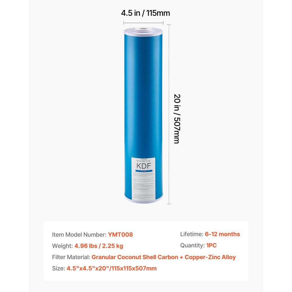 Whole House Water Filter Replacement Cartridge 115x507mm Coconut Shell Activated Carbon KDF Filter for Water Filtration System Reduces Chlorine, Bad Taste and Odor