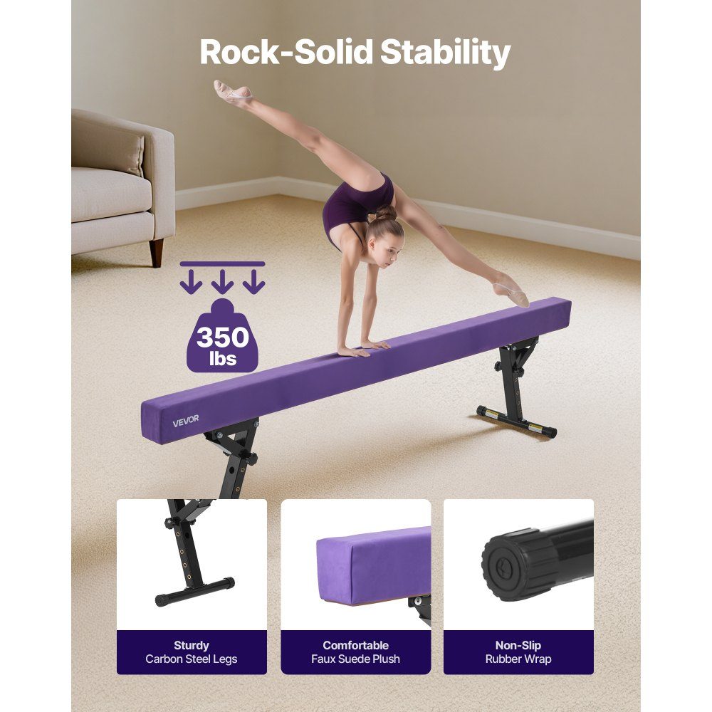 Schwebebalken Gymnastik Kinder 241 cm höhenverstellbar (5 Stufen/170/380470/540/565 mm), 158,7 kg belastbarer Gymnastikbalken, Schwebebalken für Fitnessstudio, Lila
