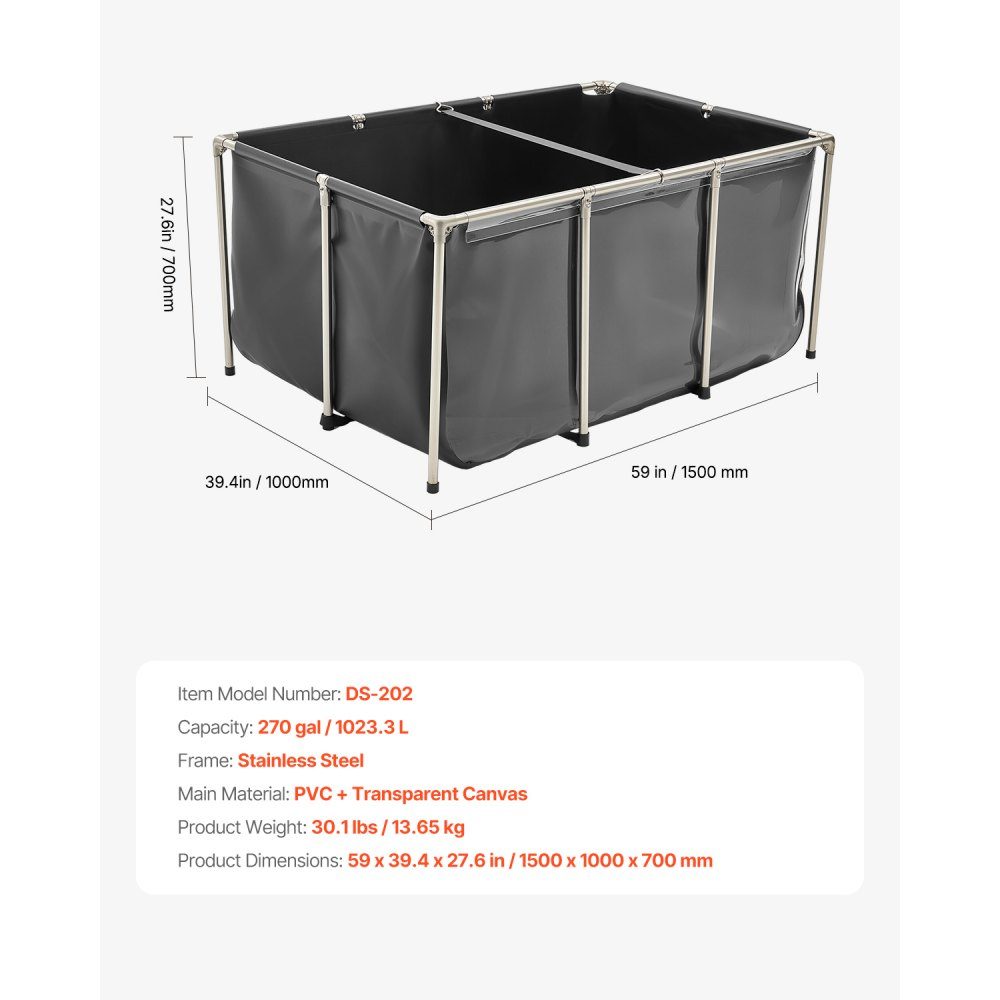 Canvas Fish Pond 1023.3L Breeding Water Tank PVC Koi Tank with Transparent Viewing Window Aquarium with Stainless Steel Frame and Drain Valve for Koi Goldfish Breeding (Black)
