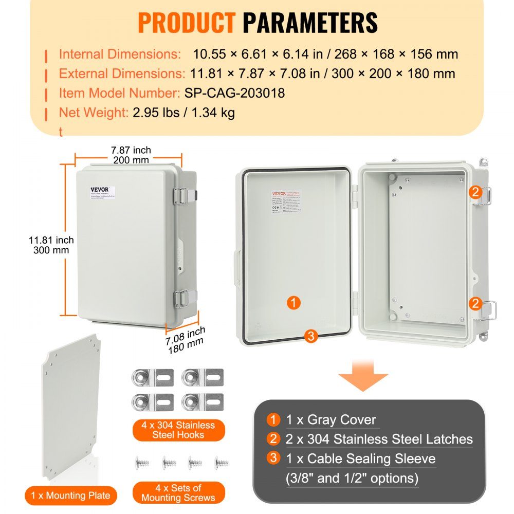Outdoor Electrical Junction Box 300x200x180mm ABS Plastic Electrical Enclosure with Hinged Lid Stainless Steel Latch IP67 for Outdoor Electrical Projects