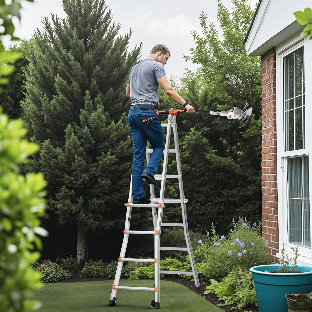 Telescopic A-Frame Ladder 5120mm Compact Aluminum Extension Ladder Multifunctional Folding RV Ladder for Homework Stairs Indoor Outdoor Roofs 150kg Load Capacity