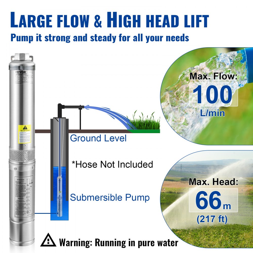 82 mm deep well pump 750W well pump 100L/min submersible pump max. delivery height 66m pipe pump 230V 50Hz sand pump IP68 water pump 16 impeller levels pump Ideal for irrigation or water supply 82 mm deep well pump 750W well pump 100L/min submersible pump max. delivery height 66m pipe pump 230V 50Hz sand pump IP68 water pump 16 impeller levels pump Ideal for irrigation or water supply
