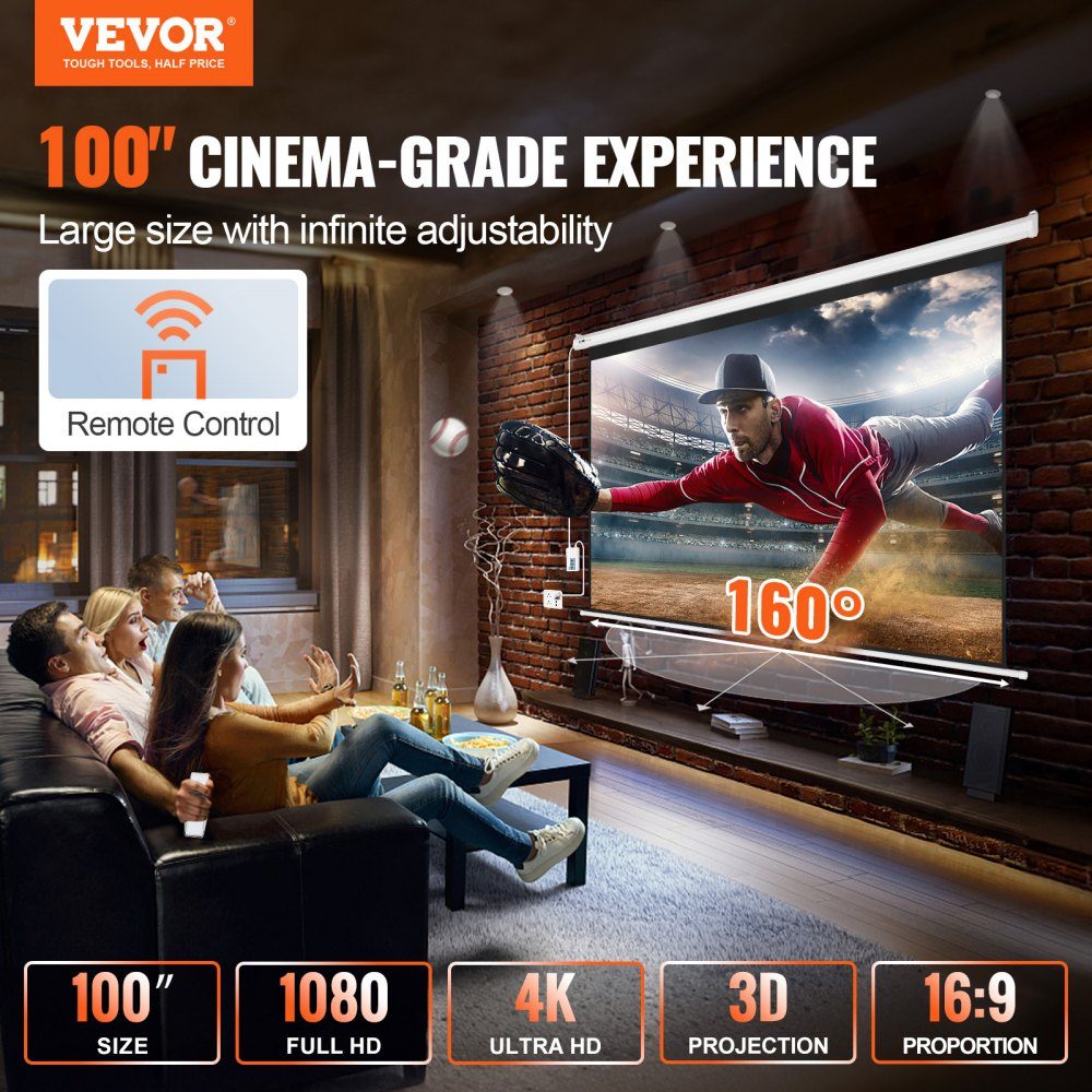 Motorized Projector Screen, 100 Inch 16:9 4K 1080 HD Electric Projector Screen, Automatic Projection Screen with Remote Control, Wall Mounted Cinema Screen for Family Home Office Theater