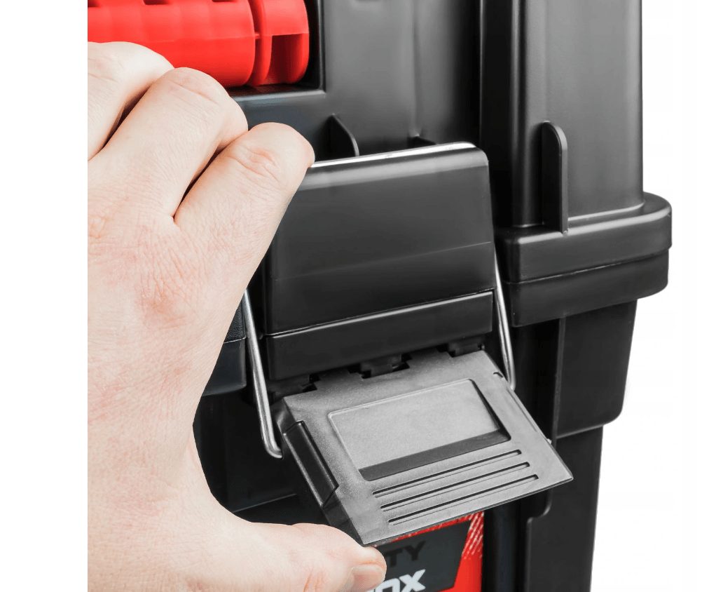 Atelier enroulable, deux coffres à outils utilisables séparément, plastique robuste, deux éléments, attaches métalliques, organiseur)