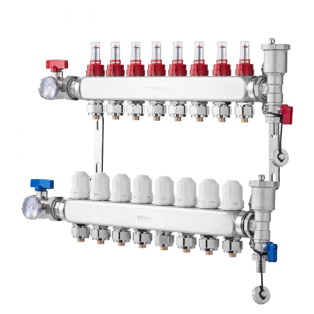 Wärmeverteiler mit 8 Zweigen, 1/2-Zoll-PEX-Rohrverteiler, PEX-Verteiler aus Edelstahl für hydronische Fußbodenheizung, Wärmeverteilungs-PEX-Verteiler-Kit mit 1/2-Zoll-Adaptern im Lieferumfang enthalten