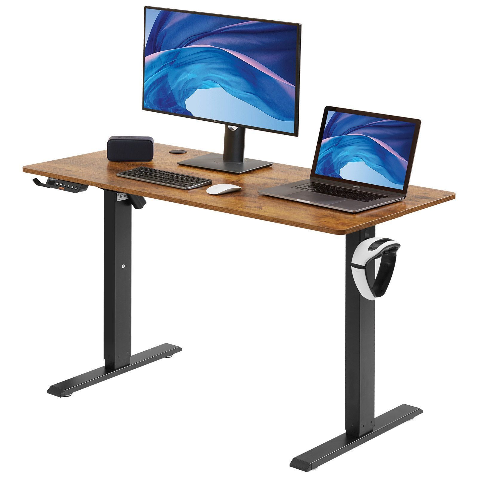 Schreibtisch höhenverstellbar, elektrisch, 140 x 70 cm, Stehpult, 0,72–1,1 m verstellbar, Memory-Steuerung, großer Computertisch, 82 kg belastbar, brauner Bürotisch, PC-Tisch, Sitz- und Stehpult