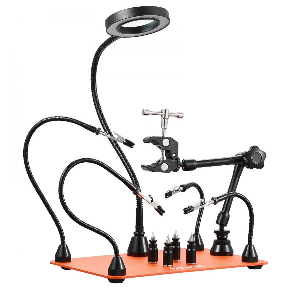 Third-hand soldering aid, magnetic soldering station, with 3x LED magnifying lamp, 4 circuit board holders & 360 degree hot air gun holder, base station for repairs, crafts & hobbies