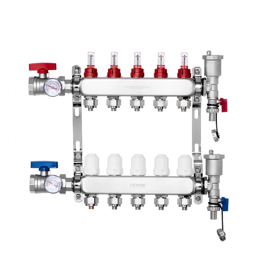 Warmteverdelingsverdeelstuk met 5 takken, 1/2" PEX-buisverdeelstuk, roestvrijstalen PEX-verdeelstuk voor hydronische vloerverwarming, PEX-verdeelstukset voor warmtedistributie met 1/2" adapters inbegrepen