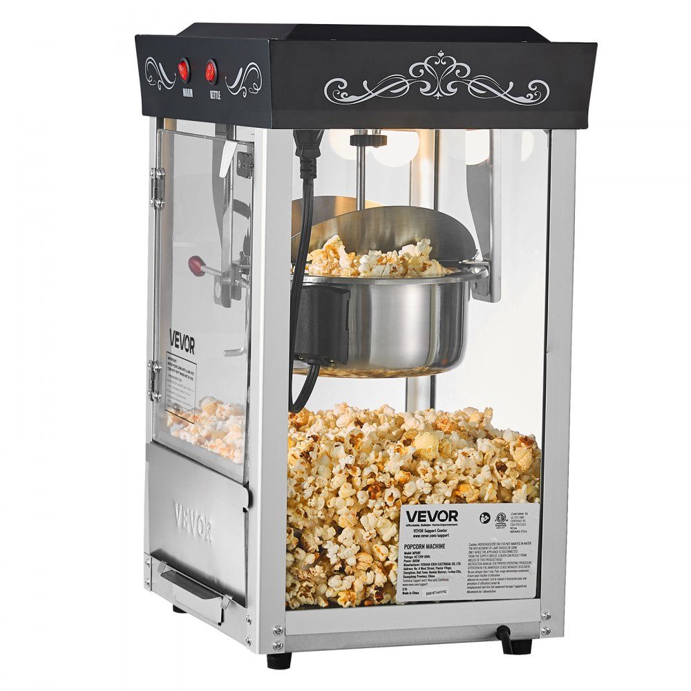 Popcorn Machine with Stainless Steel Boiler, 800W Commercial Popcorn Machine, 48 Cups per Load, Cinema Style, with 2 Button Control, Glass Wall, PC Door, 1 Scoop, 3 Spoons, Black