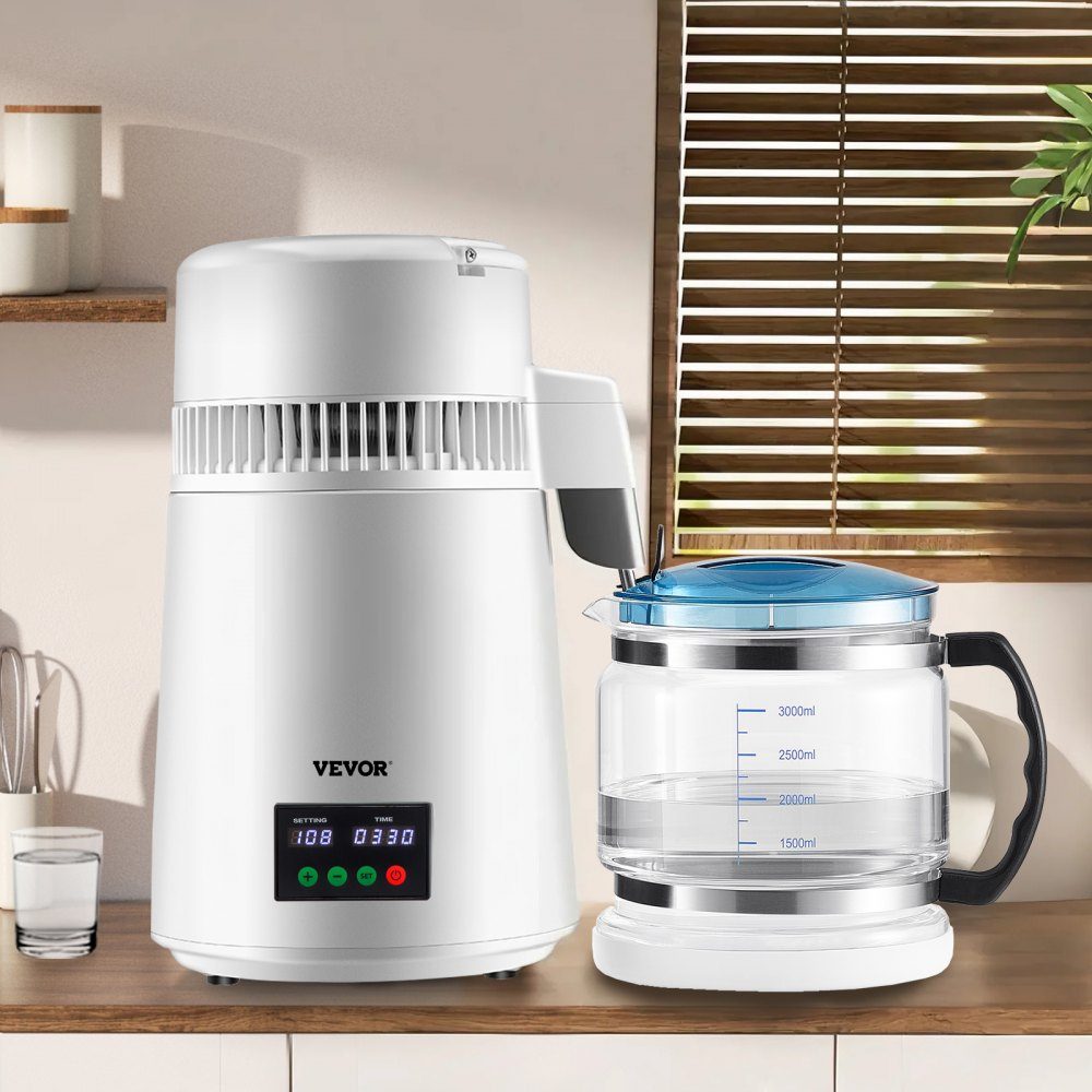 4L waterdestilleerder 750W distilleerder roestvrijstalen waterdestilleerder zuiver waterdestilleerder met glazen kan, waterdestilleerder 1L/uur waterdestilleerder met dubbel temperatuurdisplay