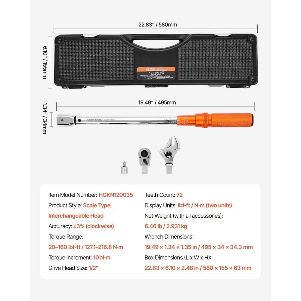 Click Torque Wrench Set (Adjustable) with 1/2" Drive 27.1-216.8N.m, Two Way Torque Wrench Set with Dual Range Scales, 72 Teeth ±3% High Precision for Car Repair