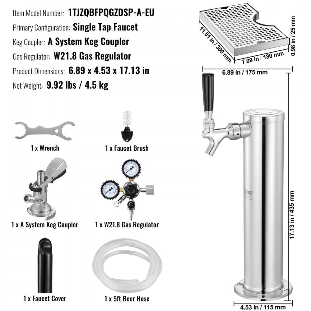 Zestaw wieży Kegerator, zestaw do konwersji piwa z jednym kranem, dozownik wieży piwa w beczce ze stali nierdzewnej z regulatorem W21.8 z podwójnym manometrem i łącznikiem beczki w systemie A, taca ociekowa piwa na imprezę domową