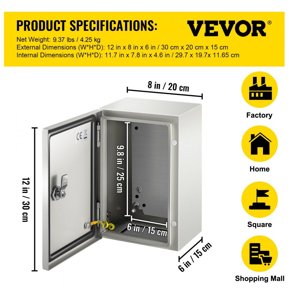 Schaltschrank, NEMA-Industriegehäuse, 30 x 20 x 15 cm, NEMA 4X-Stahl-Verteilerschrank, IP66 wasser- und staubdicht, elektrischer Anschlusskasten für den Außenbereich/Innenbereich mit Montageplatte